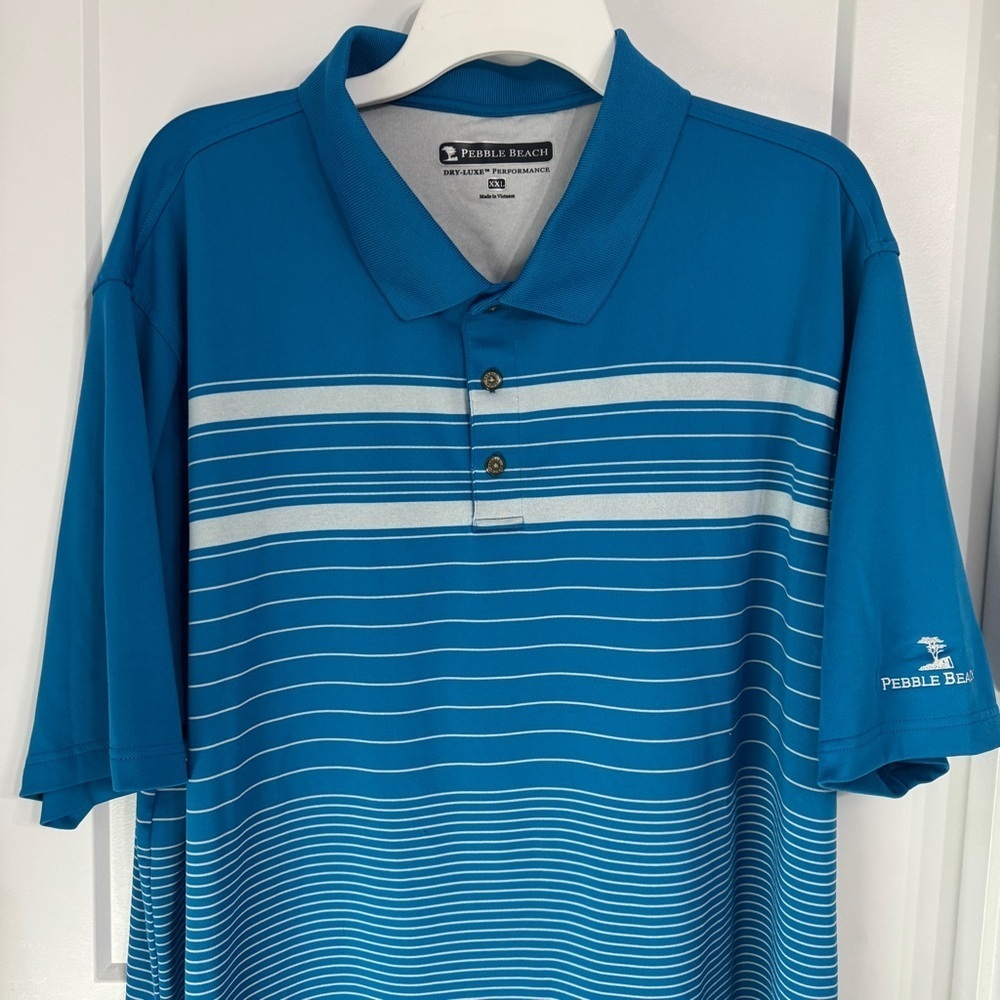 Pebble Beach Men's Short Sleeve Dry-Luxe Performance Polo Shirt Blue White XXL - Picture 4 of 7